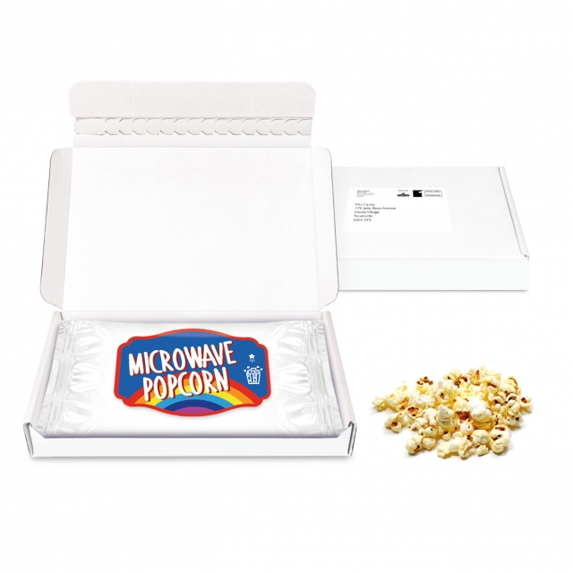 Gift Boxes – Mini White Postal Box – Microwave Popcorn – PAPER LABEL
